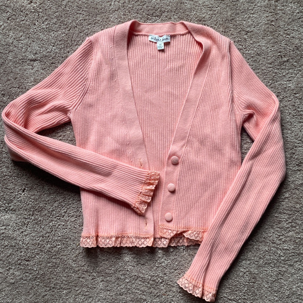 For Love and Lemons Pink Nina Cardigan - Cropped Ribbed Lace Detail Sweater